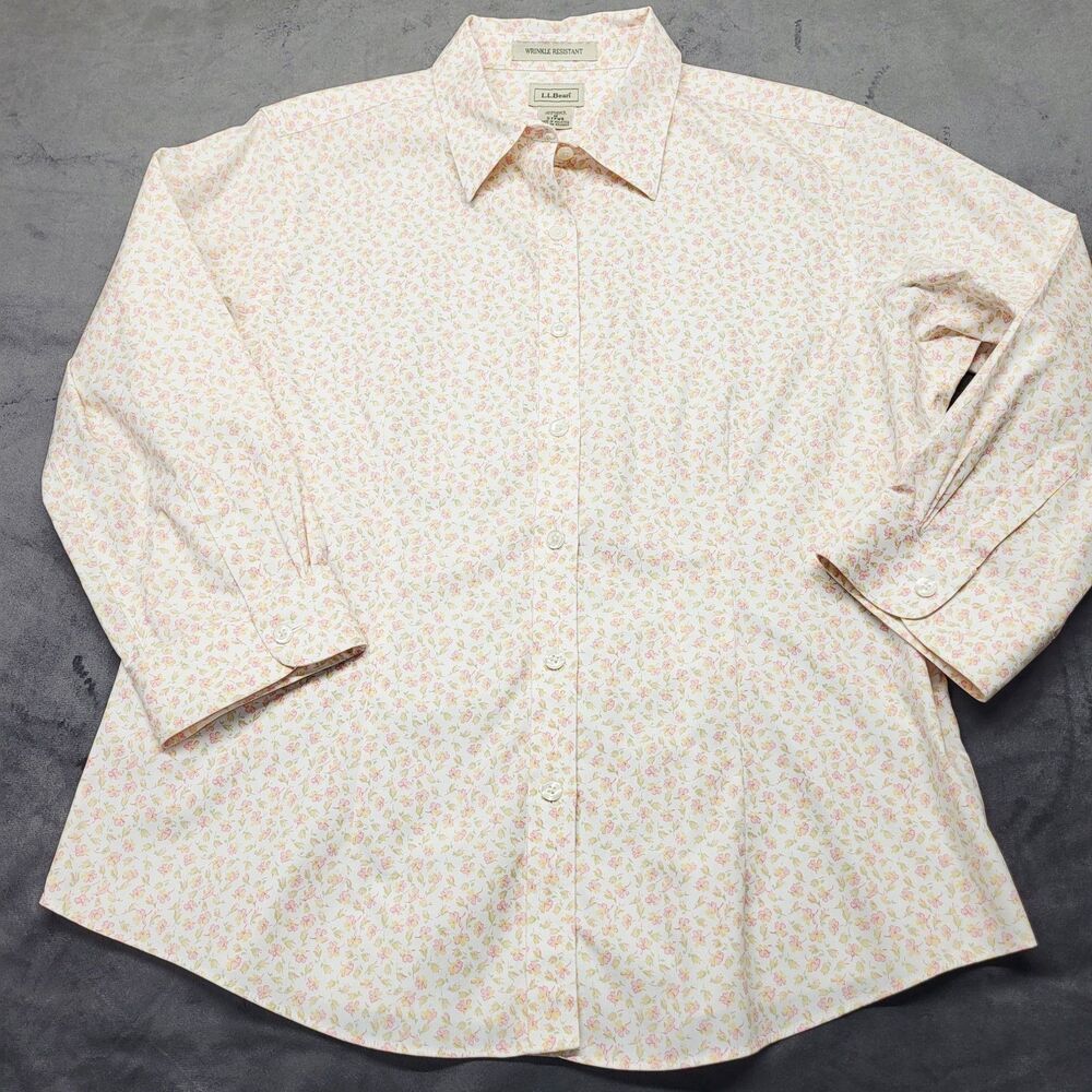 LL Bean Poplin Button Down Blouse MED Ditsy Floral 100% Cotton 3/4 Sleeve